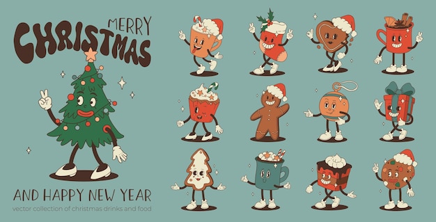 Navidad alimentos y bebidas groovy diseño con café galleta de cacao caliente pan de jengibre presente árbol de Navidad en el estilo de dibujos animados retro moda mascota personaje en los años 50 años 60 años 70 años estilo vintage