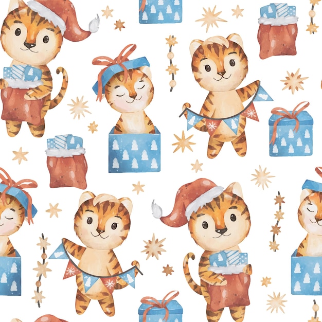 Navidad y año nuevo 2022 de patrones sin fisuras Diseño de vector de acuarela de familia feliz tigre