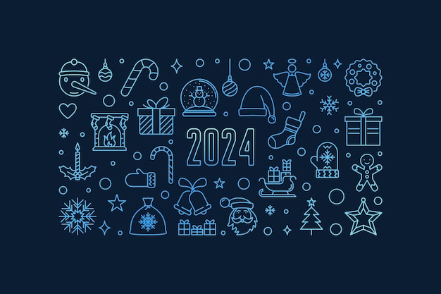 Navidad y año nuevo 2024 esbozan la bandera azul horizontal vector ilustración de vacaciones de Navidad o cartel con fondo oscuro