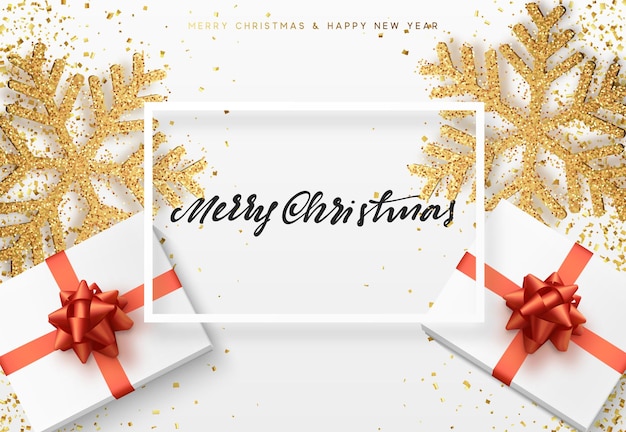 Navidad y Año Nuevo Diseño decoración brillantes copos de nieve dorados y caja de regalo sorpresa. ilustración vectorial