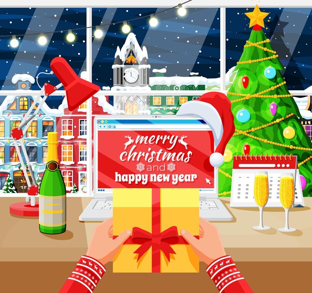 Navidad y año nuevo Escritorio de oficina Espacio de trabajo Interior Caja de regalo Árbol de Navidad Lámpara portátil Champán Paisaje urbano Decoración de año nuevo Feliz Navidad Vacaciones Celebración de Navidad Ilustración vectorial