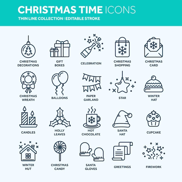 Navidad y Año Nuevo Fiestas de invierno Santa diciembre Conjunto de iconos web de línea delgada Colección de iconos de esquema