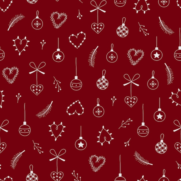 Vector navidad, año nuevo garabato de patrones sin fisuras. fondo de vector con bolas de navidad, árbol de navidad