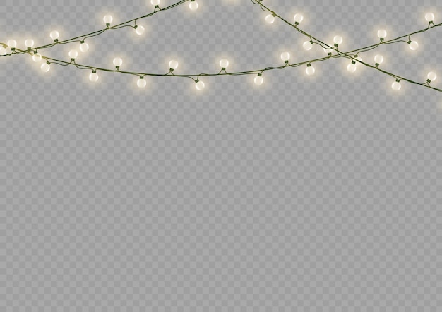 Navidad año nuevo guirnaldas doradas Navidad led lámpara de neón Bombillas de luz amarilla brillante en cuerdas de alambre Vector
