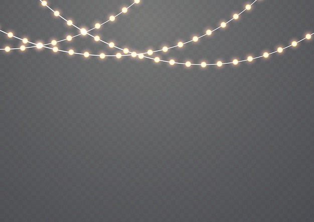 Navidad año nuevo guirnaldas doradas Navidad led lámpara de neón Bombillas de luz amarilla brillante en cuerdas de alambre Vector
