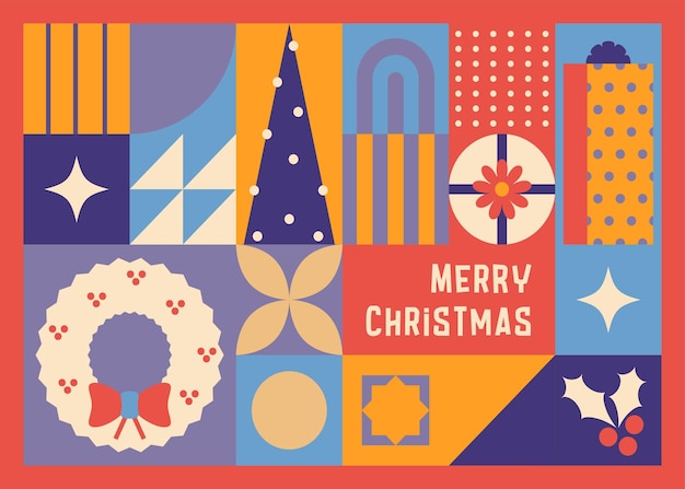 Navidad año nuevo invierno vector diseño ornamental plano de tarjeta de felicitación Patrón de mosaico de invierno Feliz Navidad símbolos