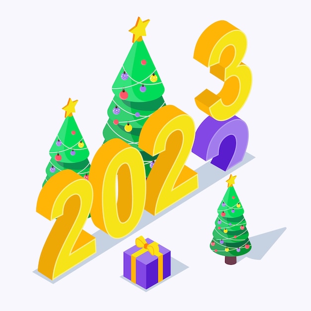Navidad. año nuevo. isométrica. 2023 se suma a 2022, con árbol de navidad y regalos