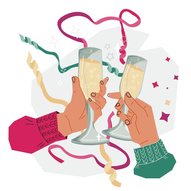 Navidad y Año Nuevo pancarta o tarjeta con las manos levantar vasos vector aislado