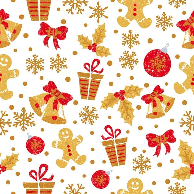 Navidad y Año Nuevo patrón sin costuras con doodle campanas bolas copos de nieve fondo de vacaciones vectorial