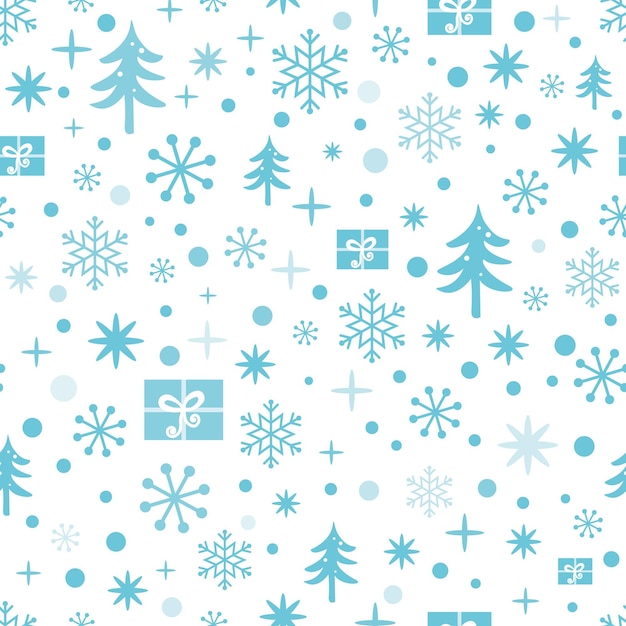 Navidad y año nuevo de patrones sin fisuras con copos de nieve azules nieve regalos de árbol de Navidad Diseño de invierno para papel tapiz embalaje envoltura envoltura Ilustración vectorial Lindo textil o plantilla de tela