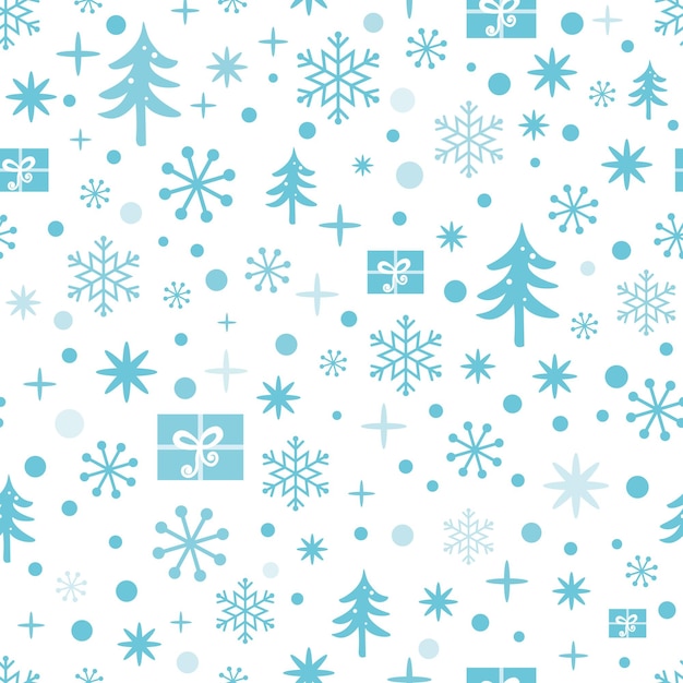 Navidad y año nuevo de patrones sin fisuras con copos de nieve azules nieve regalos de árbol de navidad diseño de invierno para papel tapiz embalaje envoltura envoltura ilustración vectorial lindo textil o plantilla de tela