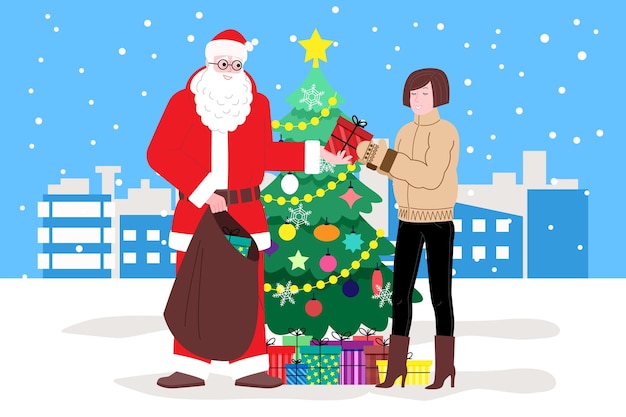 Navidad y Año Nuevo. Santa Claus cerca del árbol de Navidad le da regalos a la niña, está nevando en el fondo. Ilustración para la página de destino o el sitio web de la tienda en línea. Imagen plana de vector lindo.