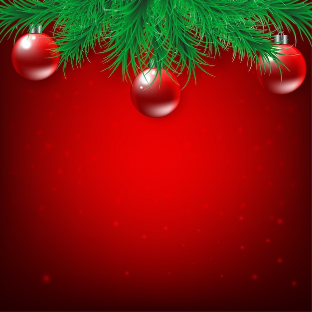 Navidad y año nuevo sobre fondo rojo con ramas de abeto y bolas de navidad, vector e ilustración