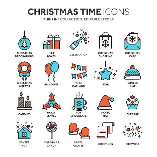 Navidad y año nuevo vacaciones de invierno Santa diciembre conjunto de iconos web de línea delgada colección de iconos de contorno ilustración vectorial
