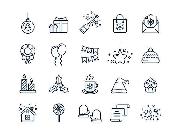 Navidad y año nuevo vacaciones de invierno santa diciembre línea delgada conjunto de iconos web iconos de contorno