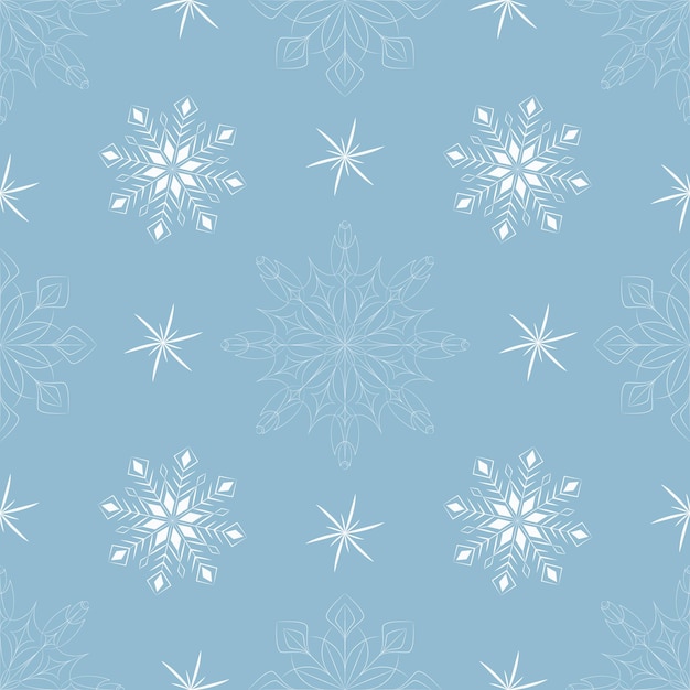 Navidad, año nuevo, vacaciones de patrones sin fisuras con copos de nieve pintados sobre un fondo azul. textura de invierno para impresión, papel, diseño, tela, decoración, regalo, envasado de alimentos, fondos.