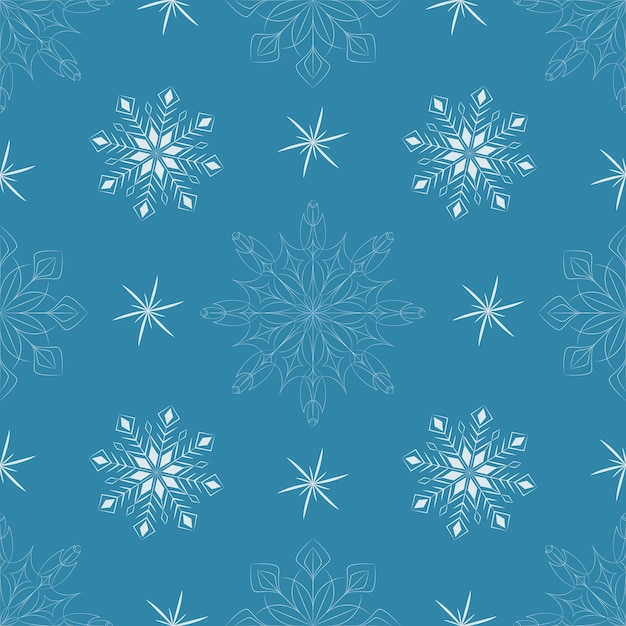 Navidad, año nuevo, vacaciones de patrones sin fisuras con copos de nieve pintados sobre un fondo azul. Textura de invierno para impresión, papel, diseño, tela, decoración, regalo, envasado de alimentos, fondos.