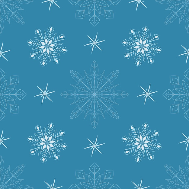 Navidad, año nuevo, vacaciones de patrones sin fisuras con copos de nieve pintados sobre un fondo azul. Textura de invierno para impresión, papel, diseño, tela, decoración, regalo, envasado de alimentos, fondos.