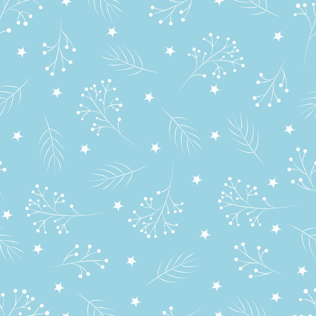 Navidad, año nuevo, vacaciones de patrones sin fisuras con ramitas pintadas, estrellas y copos de nieve sobre un fondo azul. Textura de invierno para impresión, papel, diseño, tela, decoración, envasado de alimentos, fondos.