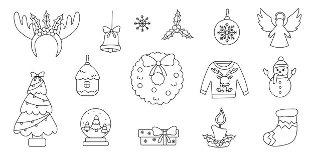 Navidad año nuevo vacaciones regalos línea garabatos libro de colorear conjunto de árboles elementos ilustración vectorial