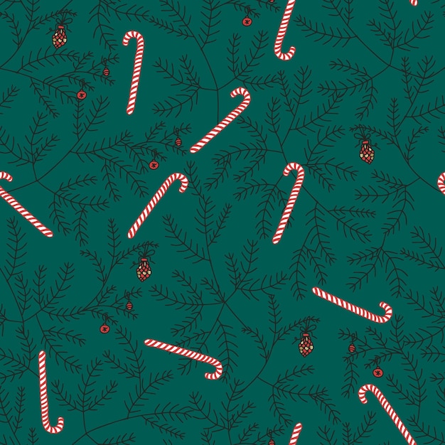 Navidad y Año Nuevo vector de patrones sin fisuras Ramas de abeto decoradas con bolas de Navidad y piruletas de bastones de caramelo Para embalaje y postales