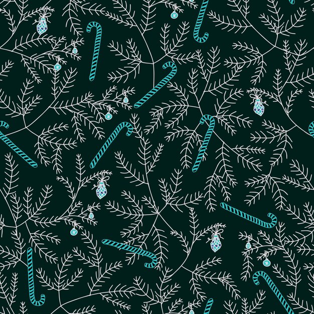 Navidad y Año Nuevo vector de patrones sin fisuras Ramas de abeto decoradas con bolas de Navidad y piruletas de bastones de caramelo Para embalaje y postales