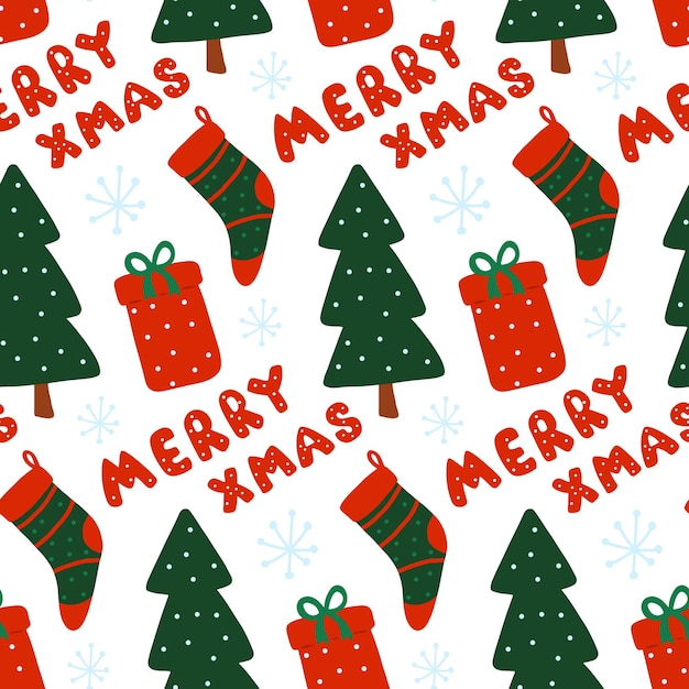 Navidad, año nuevo, vector, seamless, patrón, presente, árbol, media, feliz navidad, repetición, impresión