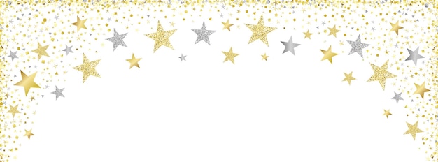 Vector navidad en blanco horizontal para tarjetas de felicitación con estrellas brillantes que caen y confeti dorado.