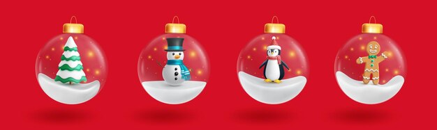 Vector navidad bolas de vidrio diseño de conjunto vectorial navidad santa claus pingüino pino y pan de jengibre