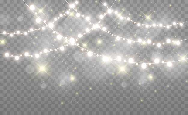 Navidad brillante, hermosas luces, elementos de diseño. Luces brillantes, guirnaldas, decoraciones navideñas ligeras.