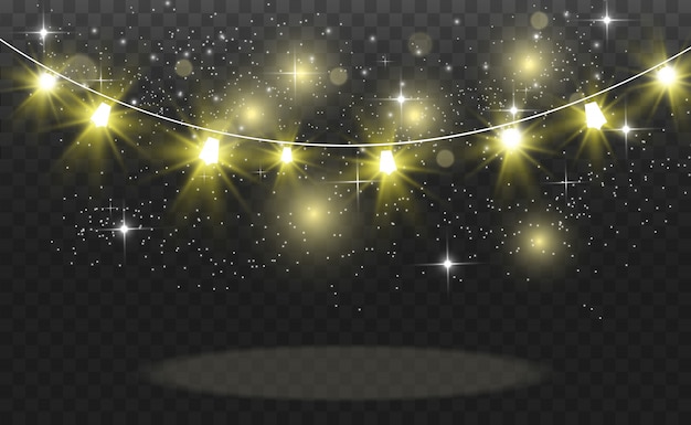 Navidad brillante, hermosas luces, elementos. Luces brillantes para tarjetas de felicitación de Navidad. Guirnaldas, ligeras decoraciones navideñas.