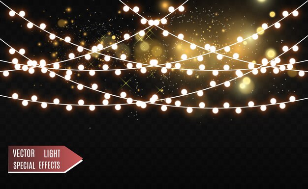 Navidad brillante, hermosas luces, elementos. Luces brillantes para tarjetas de felicitación de Navidad. Guirnaldas, ligeras decoraciones navideñas.