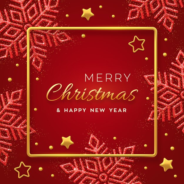 Navidad brillantes copos de nieve, estrellas doradas y abalorios. Tarjeta de felicitación navideña y año nuevo