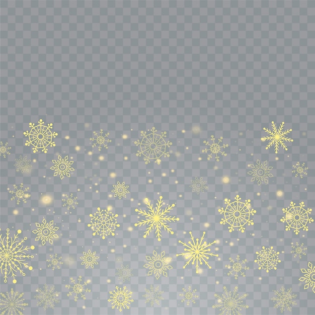 Navidad caída de nieve partículas de brillo de oro sobre un fondo transparente sparcle. Fondo abstracto de copo de nieve.
