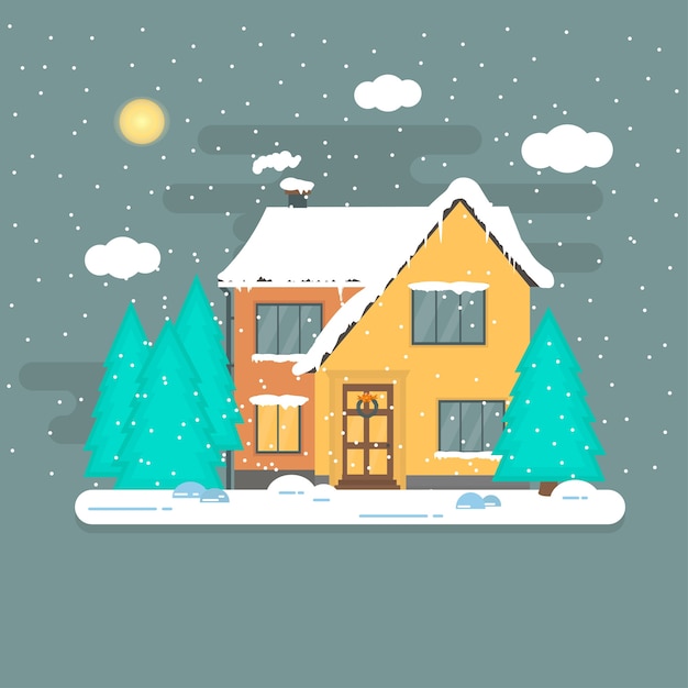 Navidad con casa de invierno, casa, bosque y copos de nieve blancos y brillantes