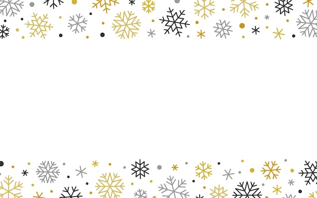 Vector navidad cayendo copos de nieve escarchados borde adornado con espacio de copia marco nevado de invierno negro plateado dorado para anuncios de tarjetas de felicitación de navidad banner volante fiesta evento invitación certificado de regalo vale de cupón