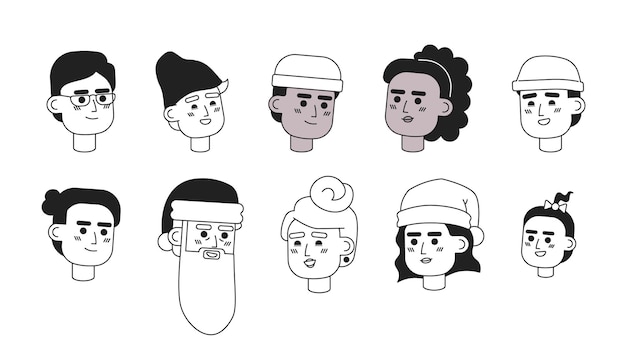 Navidad celebrando negro y blanco 2D vector avatar ilustración paquete festivo xmas hombres mujeres contorno caricatura personaje caras aisladas Diversidad perfil plano de usuario colección de imágenes retratos