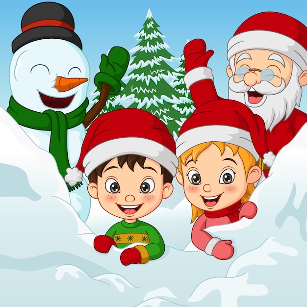 Navidad celebrando con niños muñeco de nieve y santa claus