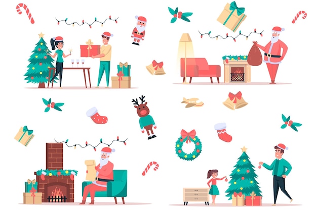 Navidad celebrar conjunto de elementos aislados Paquete de personas dando regalos a santa junto a la chimenea