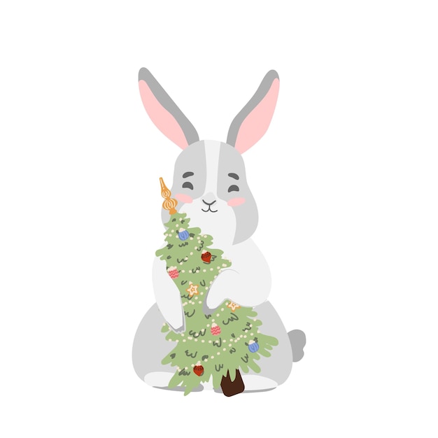 Navidad Conejo con árbol de navidad Conejito de invierno liebre Feliz año nuevo 2023 Año nuevo chino