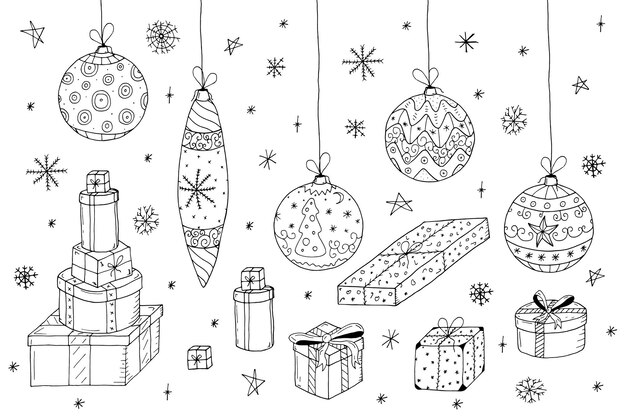 Navidad, conjunto, en, garabato, style., mano, dibujado, regalos, y, navidad, ball., vector, illustration.