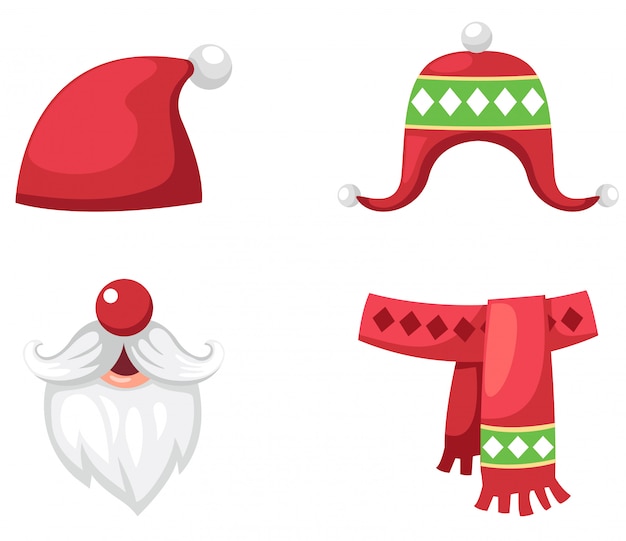 Vector navidad conjunto rojo sombrero de santa claus, bufanda y sombrero aislados ilustración