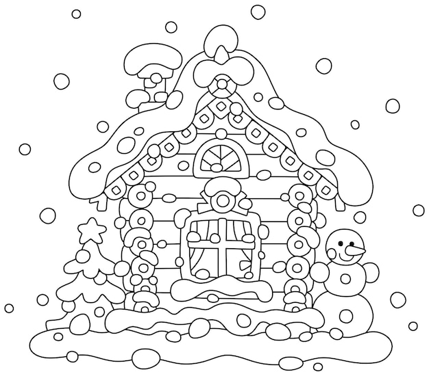 Navidad decorada cubierta de nieve bonita cabaña de madera un abeto nevado y un juguete gracioso hombre de nieve en un patio