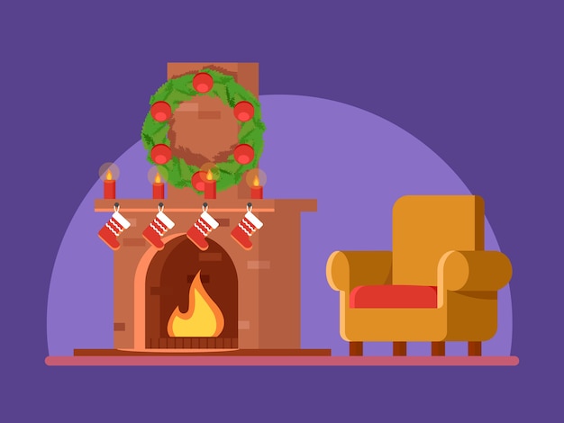 Vector navidad, dibujos animados lindo chimenea ardiente, corona decoraciones de navidad