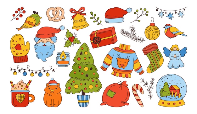 Navidad doodle colorido conjunto año nuevo diseño de contorno de santa claus para tarjeta