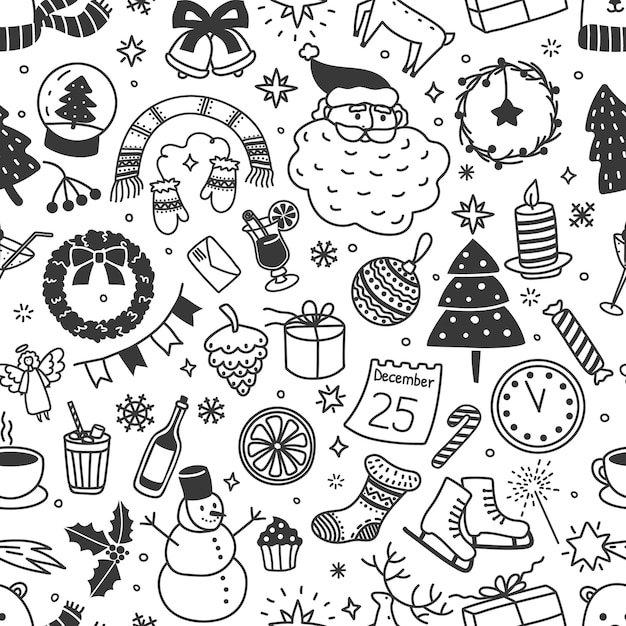 Navidad doodle de patrones sin fisuras con garabatos de navidad dibujados a mano. año nuevo, temporada de vacaciones de invierno garabatos lindos textura de fondo vectorial. guirnalda del festival, cajas de regalo y abetos, santa claus