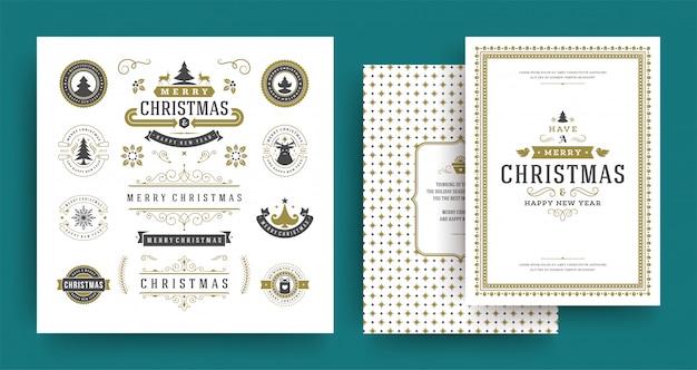 Navidad etiquetas e insignias elementos de diseño vectorial con plantilla de tarjeta de felicitación.