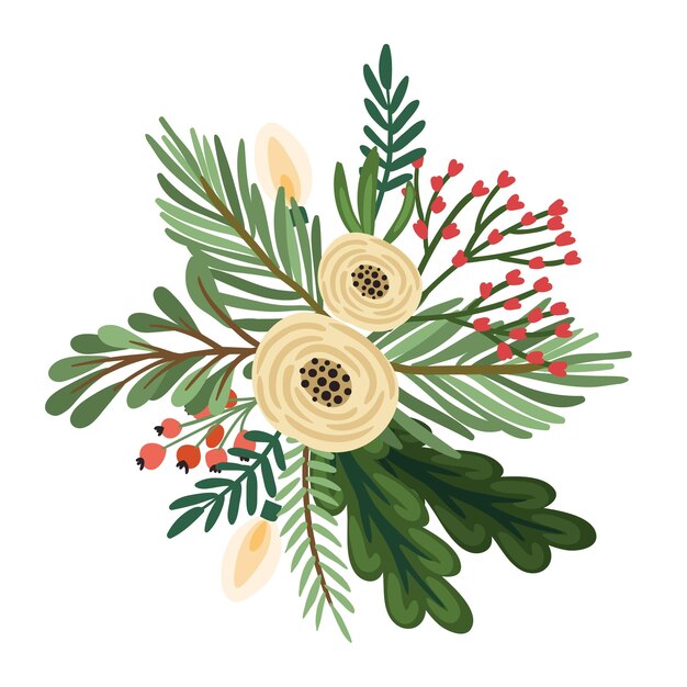 Vector navidad y feliz año nuevo arreglo floral árbol de navidad flores bayas ilustración aislada