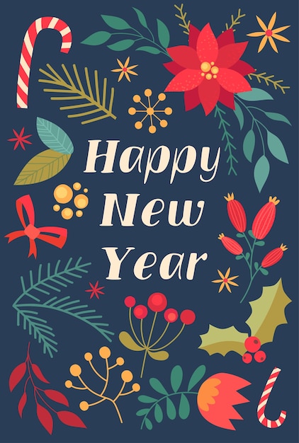 Navidad y feliz año nuevo colorida tarjeta postal floral con letras cálidas de estilo retro de moda