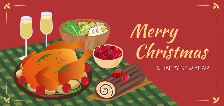 Vector navidad y feliz año nuevo ilustración de mesa de navidad comida festiva estilo retro de moda